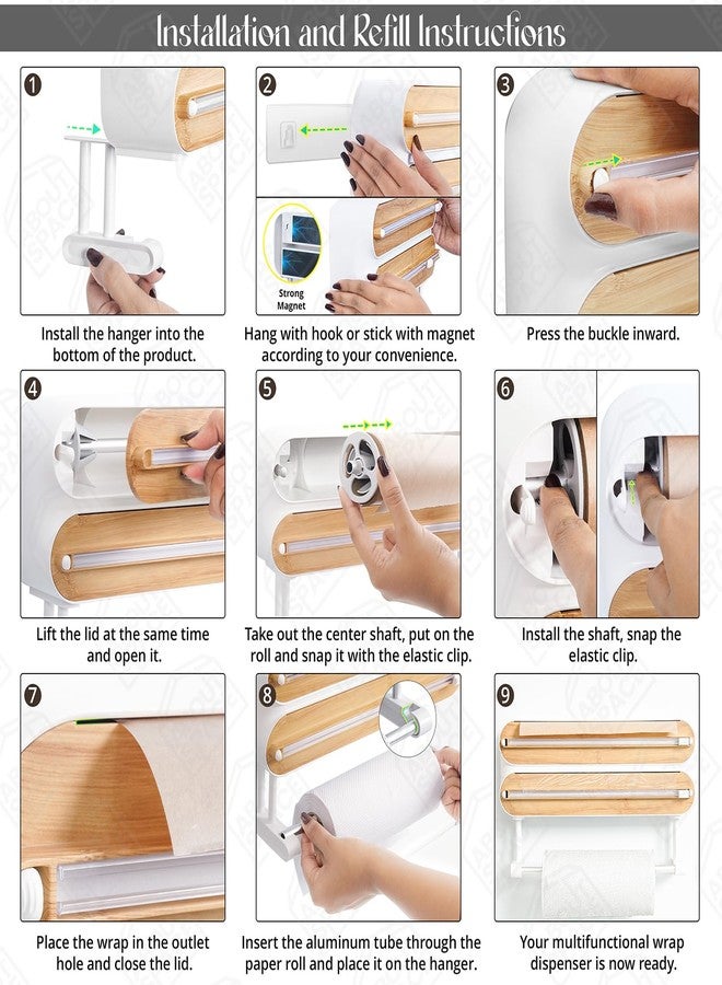 ABOUT SPACE موزع غلاف مغناطيسي مع قاطع من ABOUT SPACE - حامل غلاف مثبت على الحائط 4 في 1 مع قاطع وحامل تخزين لفافة مناديل مطبخ، موزع غلاف بلاستيكي/لاصق - خيزران (طول 35.5 × عرض 8 × ارتفاع 21 سم) - Image 5